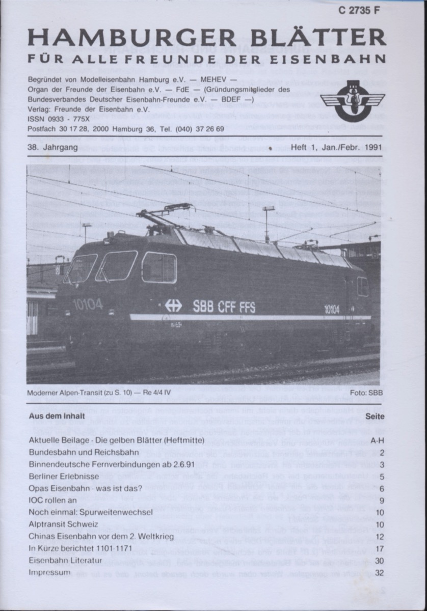 Freunde der Eisenbahn e.V. Hamburg  Hamburger Blätter für alle Freunde der Eisenbahn, 38. Jahrgang 1991: 8 Hefte (=kompl. Jahrgang). 