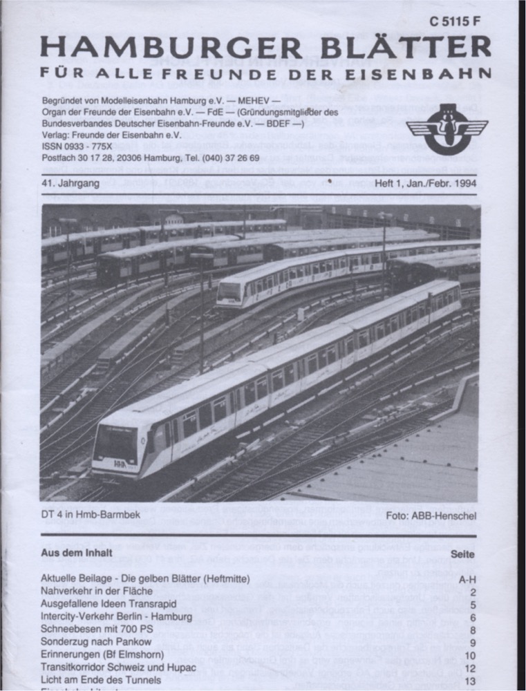 Freunde der Eisenbahn e.V. Hamburg  Hamburger Blätter für alle Freunde der Eisenbahn, 41. Jahrgang 1994: 8 Hefte (=kompl. Jahrgang). 