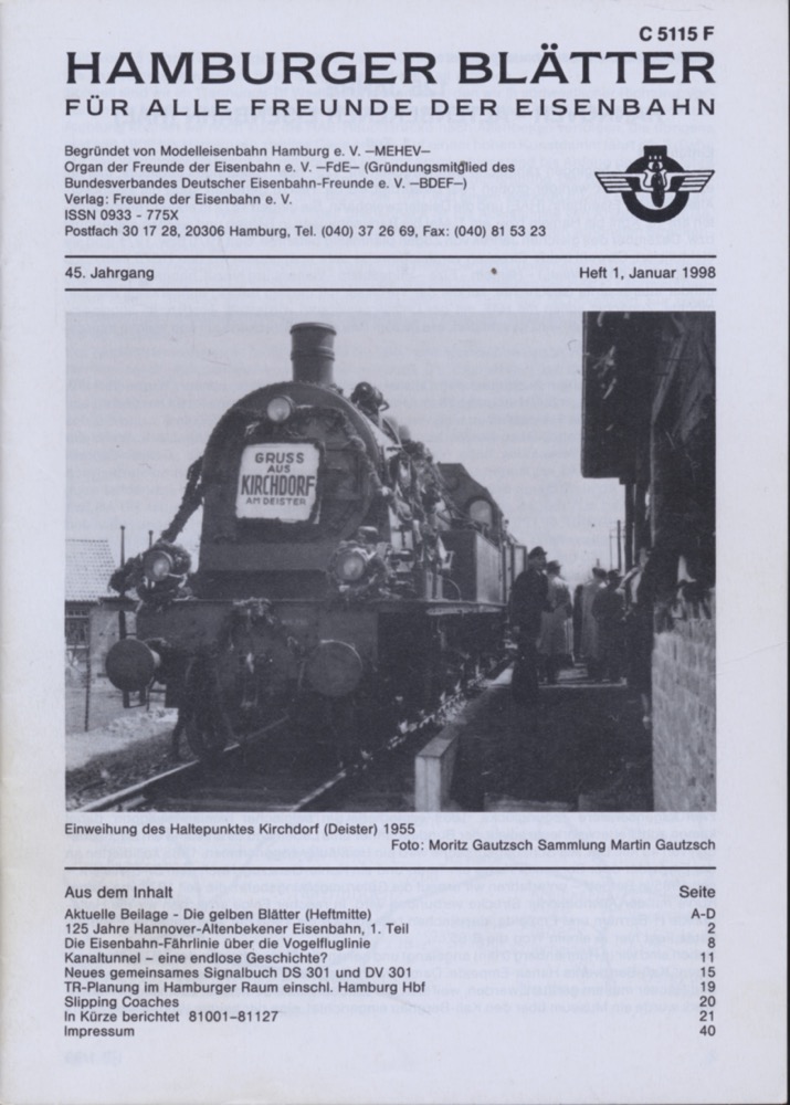 Freunde der Eisenbahn e.V. Hamburg  Hamburger Blätter für alle Freunde der Eisenbahn, 45. Jahrgang 1998: 8 Hefte (=kompl. Jahrgang). 