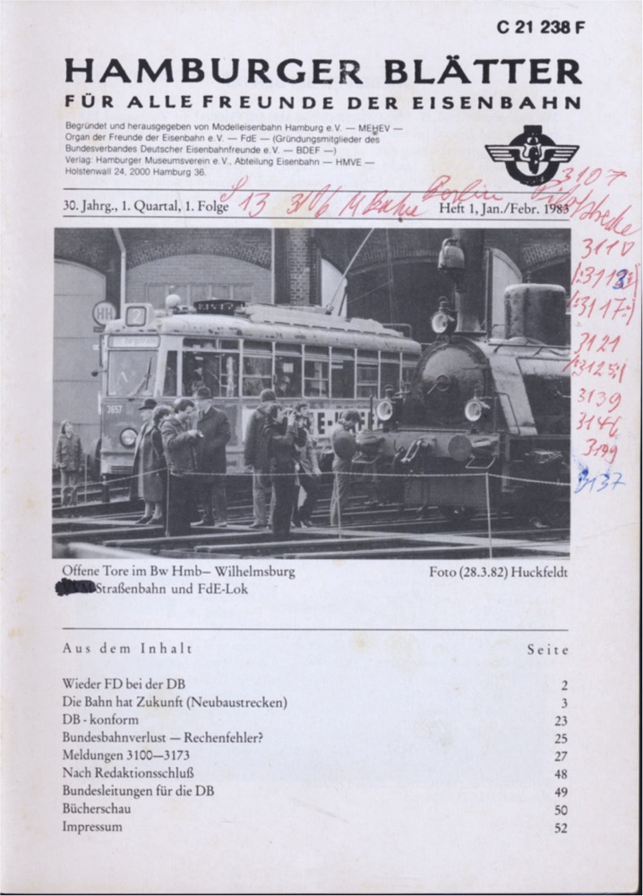 Freunde der Eisenbahn e.V. Hamburg  Hamburger Blätter für alle Freunde der Eisenbahn, 30. Jahrgang 1983: 8 Hefte (=kompl. Jahrgang). 