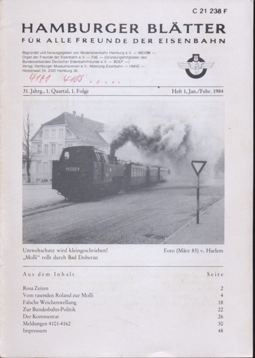 Freunde der Eisenbahn e.V. Hamburg  Hamburger Blätter für alle Freunde der Eisenbahn, 31. Jahrgang 1984: 8 Hefte (=kompl. Jahrgang). 