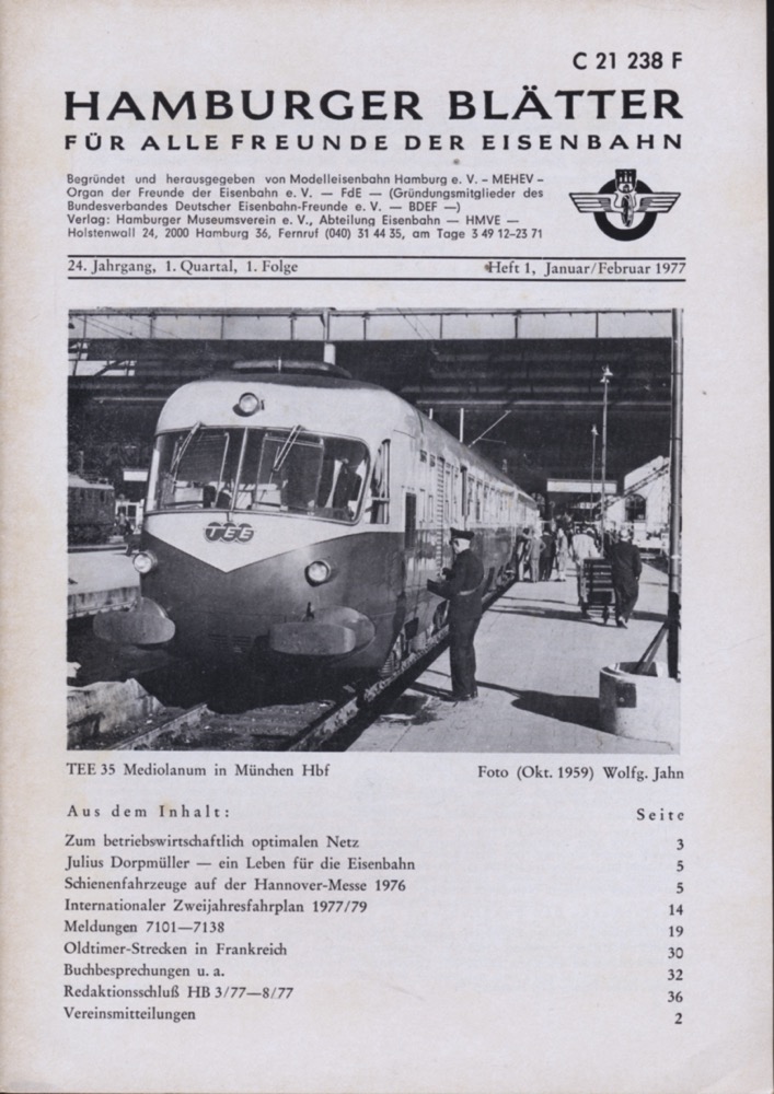 Freunde der Eisenbahn e.V. Hamburg  Hamburger Blätter für alle Freunde der Eisenbahn, 24. Jahrgang 1977: 8 Hefte (=kompl. Jahrgang). 