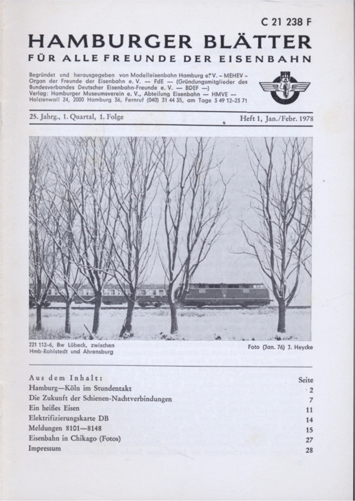 Freunde der Eisenbahn e.V. Hamburg  Hamburger Blätter für alle Freunde der Eisenbahn, 25. Jahrgang 1978: 8 Hefte (=kompl. Jahrgang). 