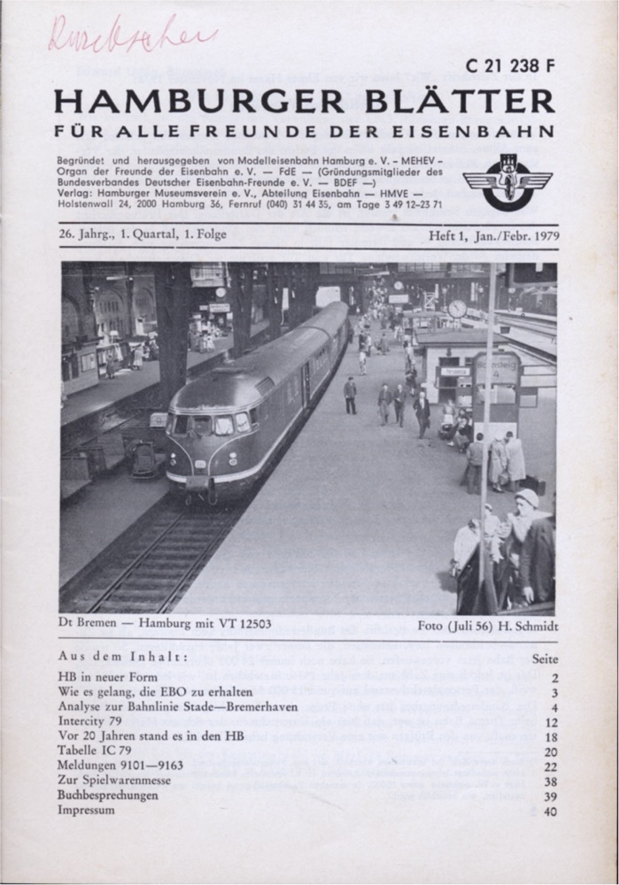 Freunde der Eisenbahn e.V. Hamburg  Hamburger Blätter für alle Freunde der Eisenbahn, 26. Jahrgang 1979: 8 Hefte (=kompl. Jahrgang). 