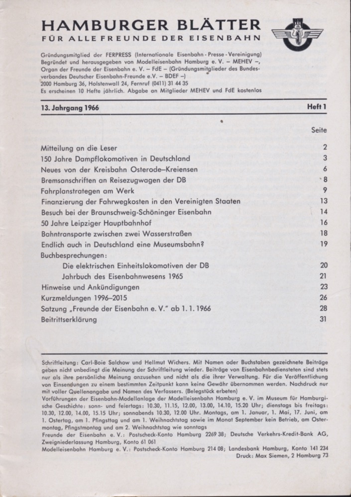 Freunde der Eisenbahn e.V. Hamburg  Hamburger Blätter für alle Freunde der Eisenbahn, 13. Jahrgang 1966: 9 Hefte (=kompl. Jahrgang). 