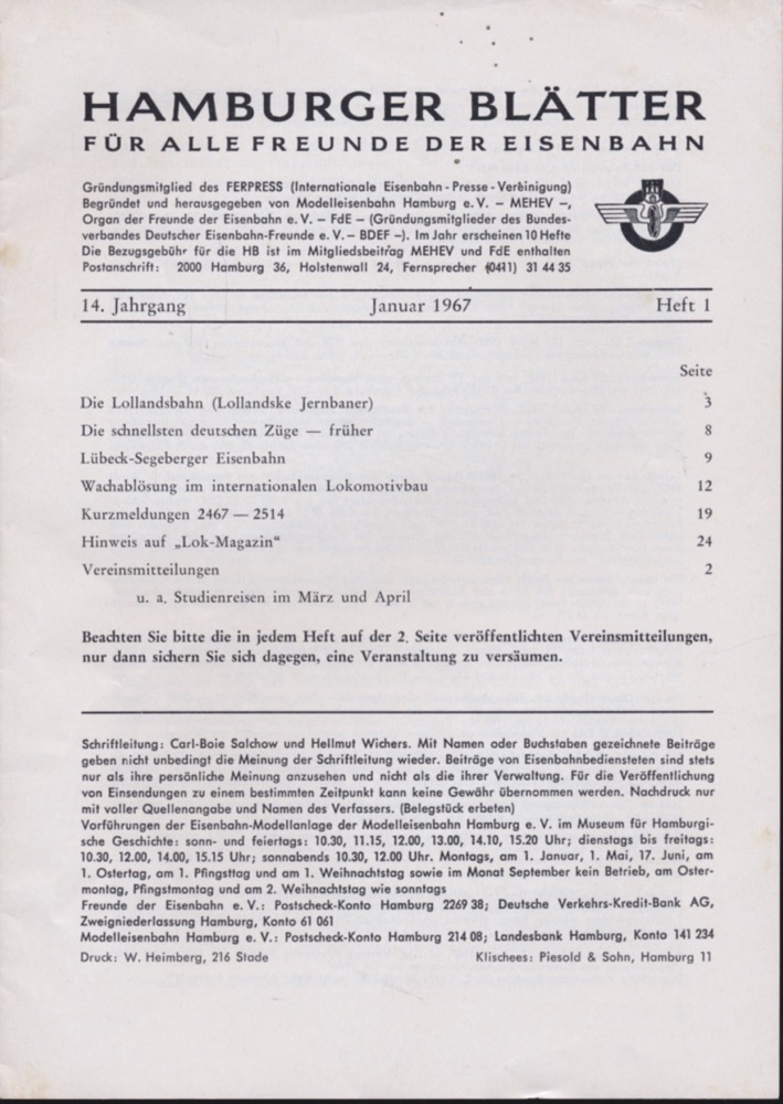 Freunde der Eisenbahn e.V. Hamburg  Hamburger Blätter für alle Freunde der Eisenbahn, 14. Jahrgang 1967: 10 Hefte (=kompl. Jahrgang). 