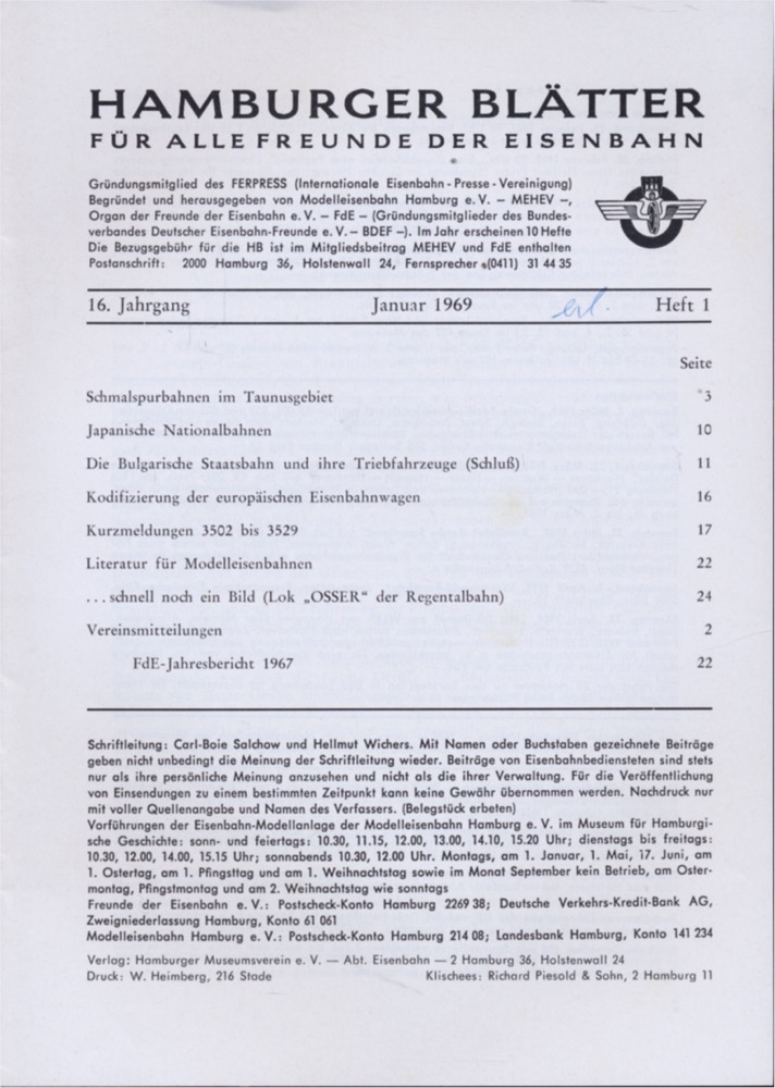 Freunde der Eisenbahn e.V. Hamburg  Hamburger Blätter für alle Freunde der Eisenbahn, 16. Jahrgang 1969: 10 Hefte (=kompl. Jahrgang). 