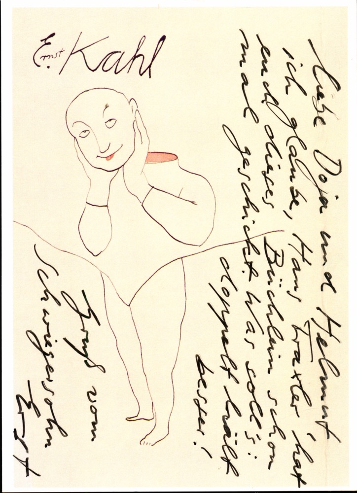 KAHL, Ernst (* 1949, Maler & Cartoonist)  eigh. beschrieb. Postkarte an die Schwiegereltern. 