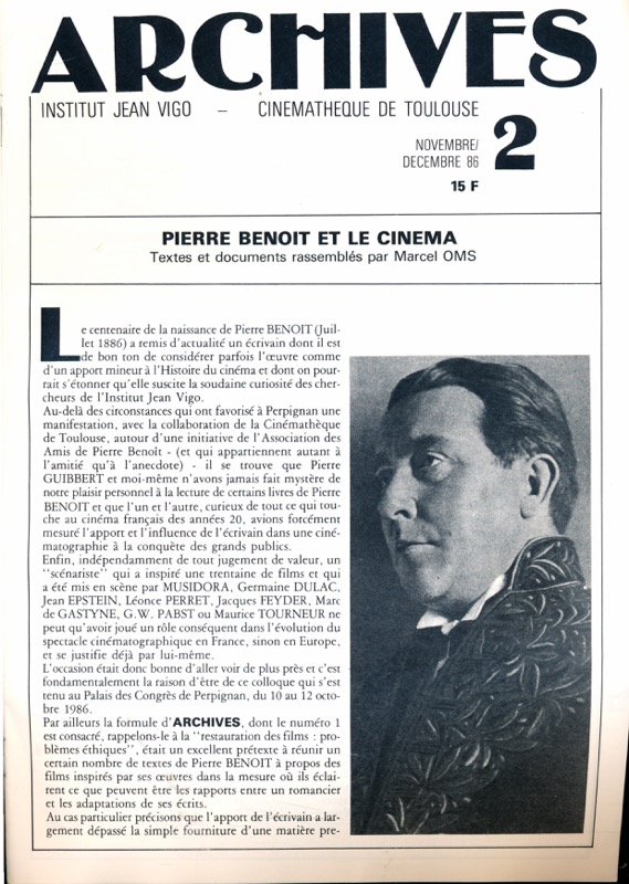   ARCHIVES - Institut Jean Vigo - Cinémathèque de Toulouse Nr. 2  Novembre/Decembre: Pierre Benoit et le Cinéma (Marcel Oms). 