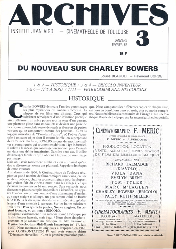   ARCHIVES - Institut Jean Vigo - Cinémathèque de Toulouse Nr. 3 (Janvier/Fevrier 1987): Du Nouveau sur Charley Bowers (Louise Beaudet / Raymond Borde). 