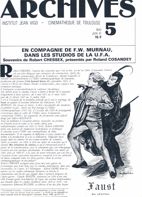   ARCHIVES - Institut Jean Vigo - Cinémathèque de Toulouse Nr. 5 (Mai/Juin 1987): En Compagnie de F.W. Murnau, dans les studios de la U.F.A. (Robert Chessex/Roland Cosandey). 