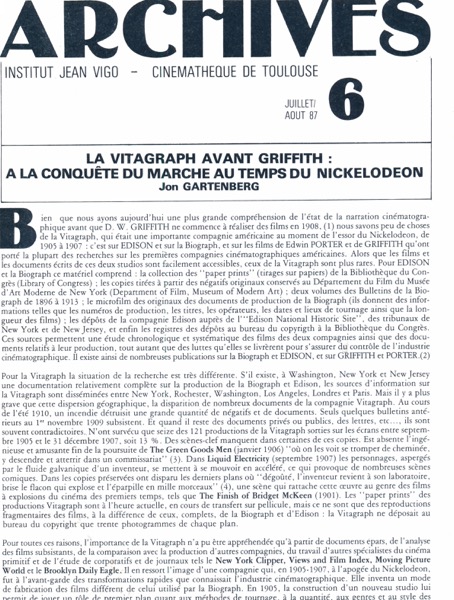   ARCHIVES - Institut Jean Vigo - Cinémathèque de Toulouse Nr. 6 (Juillet(Aout 1987): La Vitagraph avend Griffith: A la Conquête du Marché au Temps du Nickelodeon (Jon Gartenberg). 