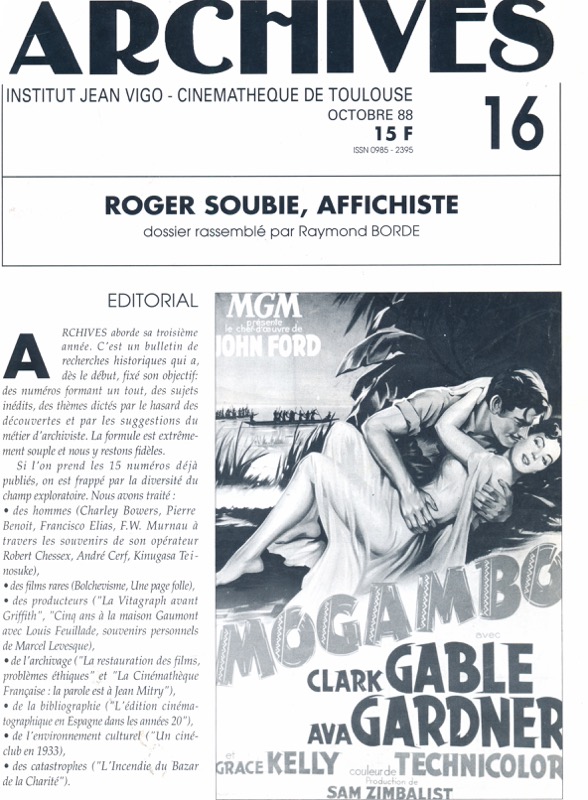   ARCHIVES - Institut Jean Vigo - Cinémathèque de Toulouse Nr. 16 (Octobre 1988): Roger Soubie, Affichiste (Raymond Borde). 