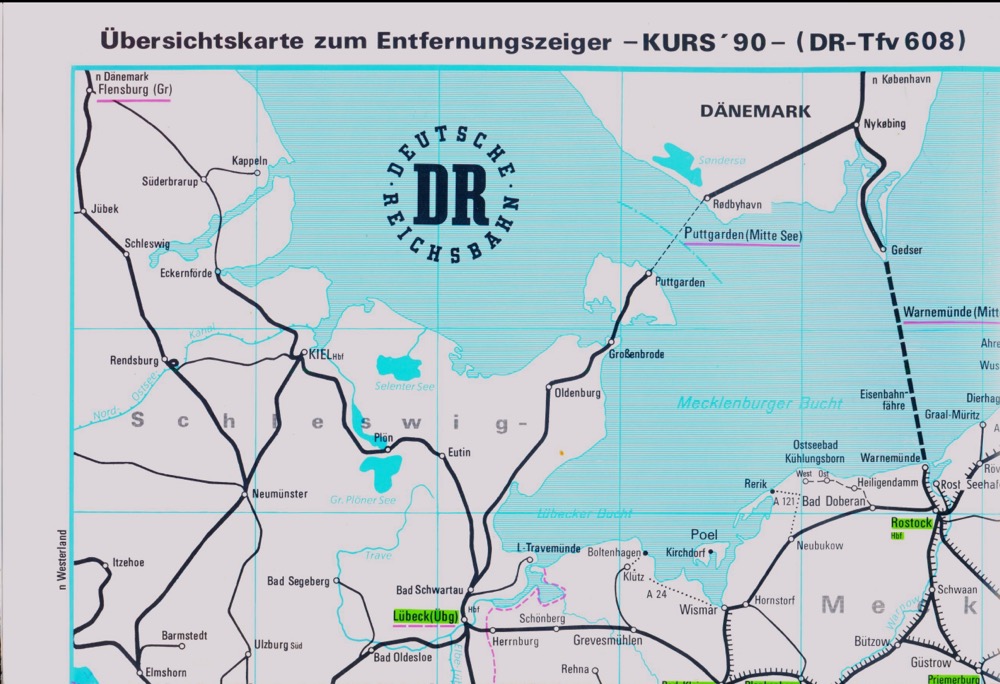 DR-Zentrale Hauptverwaltung BereichPersonenverkehr (Hrg.)  Deutsche Reichsbahn Übersichtskarte zum Entfernungsanzeiger - Kurs '90 - (DR-Tfv 608). 