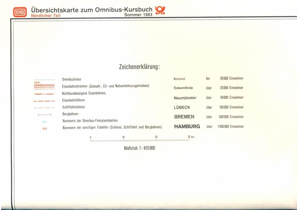 Deutsche Bundesbahn (Hrg.)  Übersichtskarte zum Omnibus-Kursbuch Sommer 1983 / Nördlicher Teil (Beilage zum Kursbuch). 