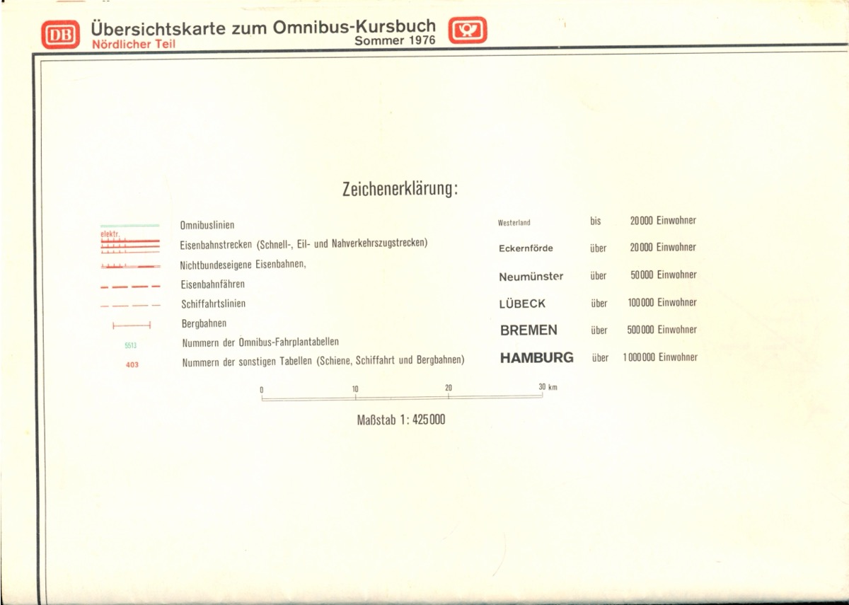 Deutsche Bundesbahn (Hrg.)  Übersichtskarte zum Omnibus-Kursbuch Sommer 1976 / Nördlicher (Beilage zum Kursbuch). 