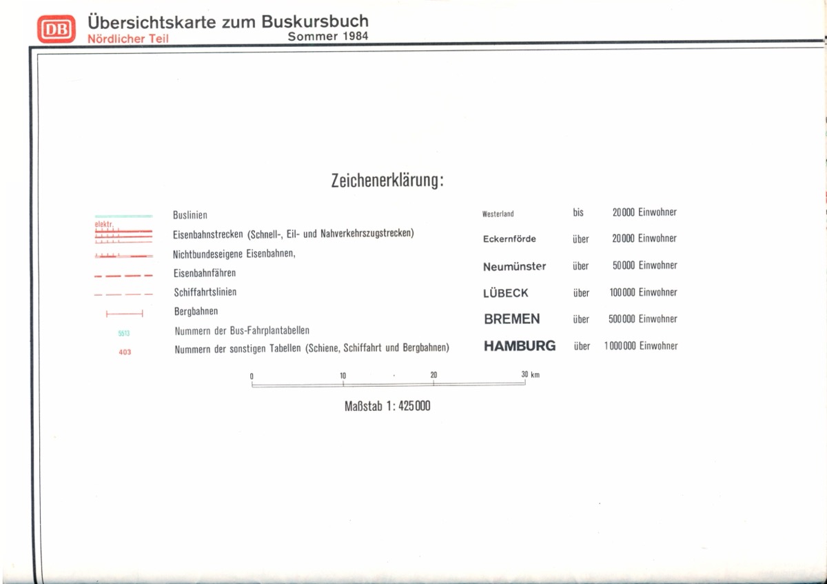 Deutsche Bundesbahn (Hrg.)  Übersichtskarte zum Buskursbuch Sommer 1984 / Nördlicher Teil (Beilage zum Kursbuch). 