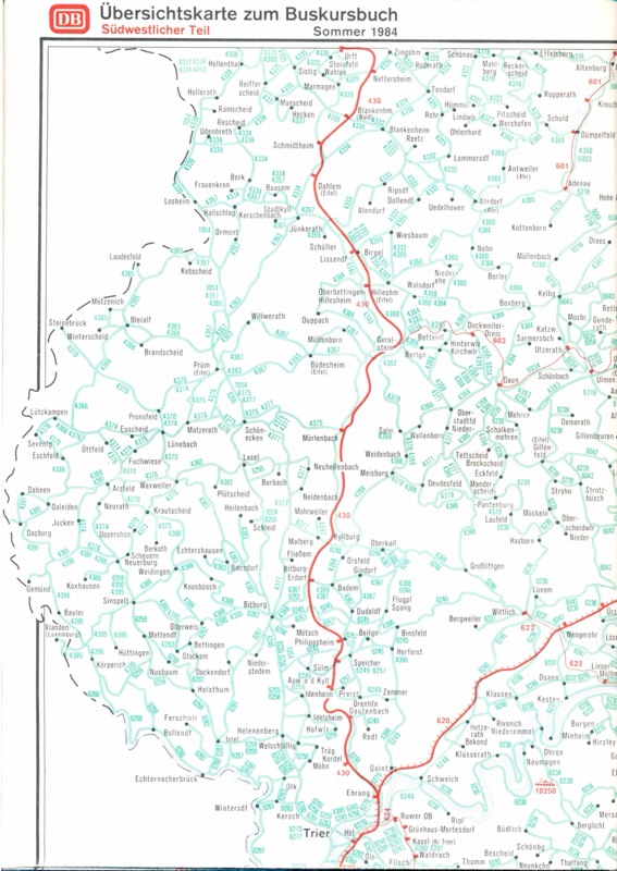 Deutsche Bundesbahn (Hrg.)  Übersichtskarte zum Buskursbuch Sommer 1984 / Südwestlicher Teil (Beilage zum Kursbuch). 