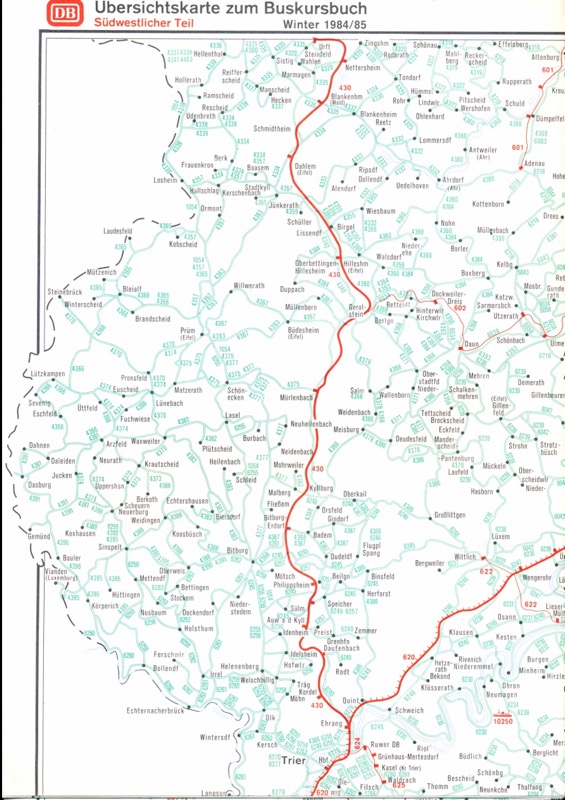 Deutsche Bundesbahn (Hrg.)  Übersichtskarte zum Buskursbuch Winter 1984/85 / Südwestlicher Teil (Beilage zum Kursbuch). 