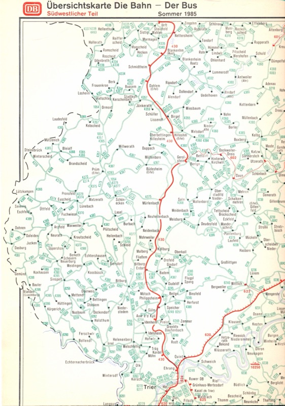 Deutsche Bundesbahn (Hrg.)  Übersichtskarte Die Bahn - Der Bus Sommer 1985. Südöstlicher & Südwestlicher Teil (Beilage zum Kursbuch). 