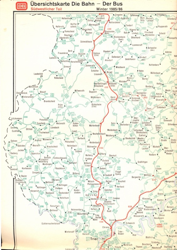 Deutsche Bundesbahn (Hrg.)  Übersichtskarte Die Bahn - Der Bus Winter 1985/86. Südöstlicher & Südwestlicher Teil (Beilage zum Kursbuch). 