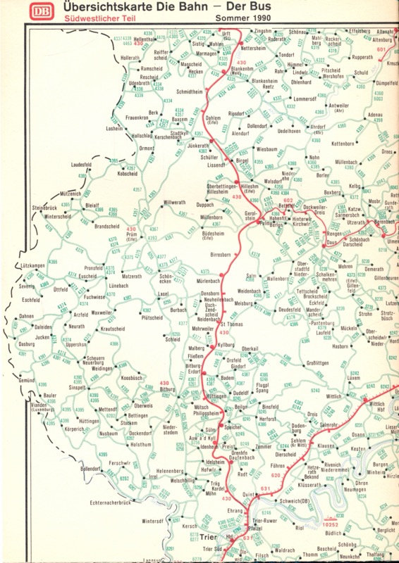 Deutsche Bundesbahn (Hrg.)  Übersichtskarte Die Bahn - Der Bus Sommer 1990. Südöstlicher & Südwestlicher Teil (Beilage zum Kursbuch). 