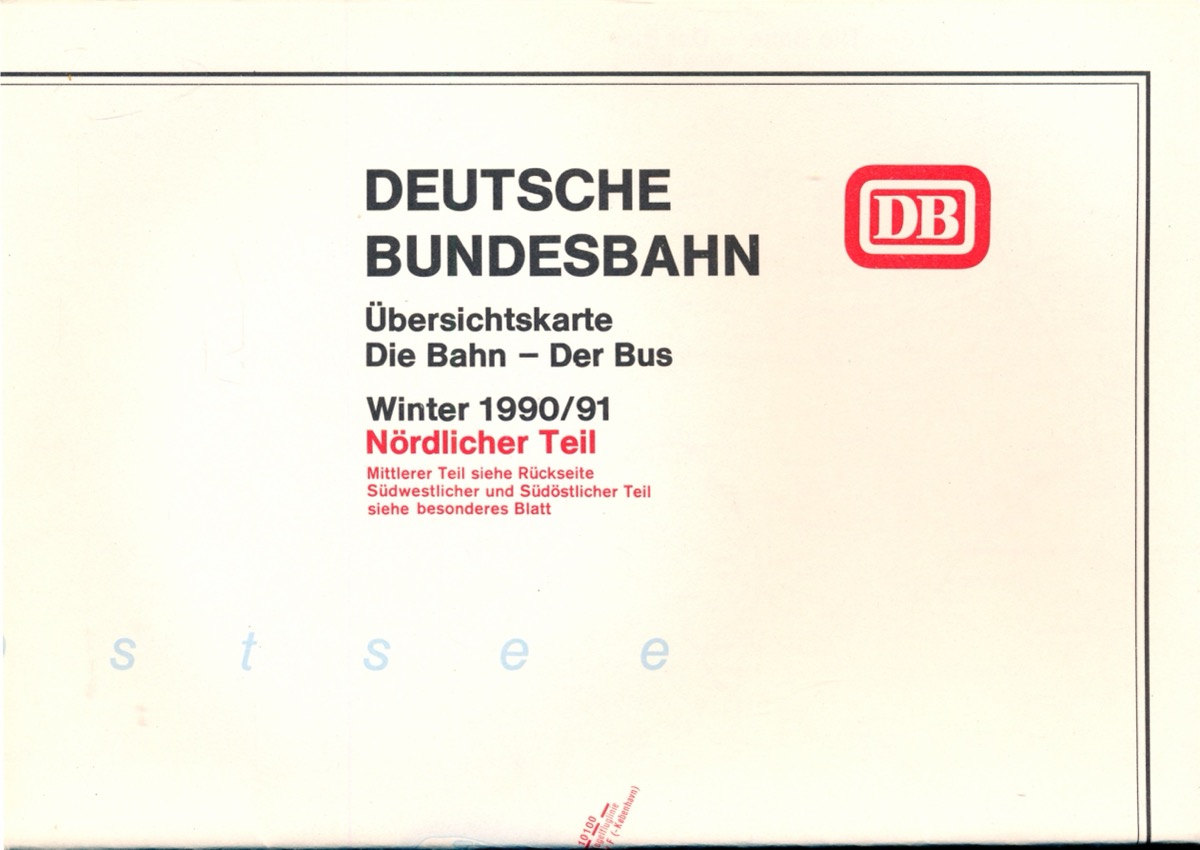 Deutsche Bundesbahn (Hrg.)  Übersichtskarte Die Bahn - Der Bus Winter 1990/91. Nördlicher & Mittlerer Teil (Beilage zum Kursbuch). 