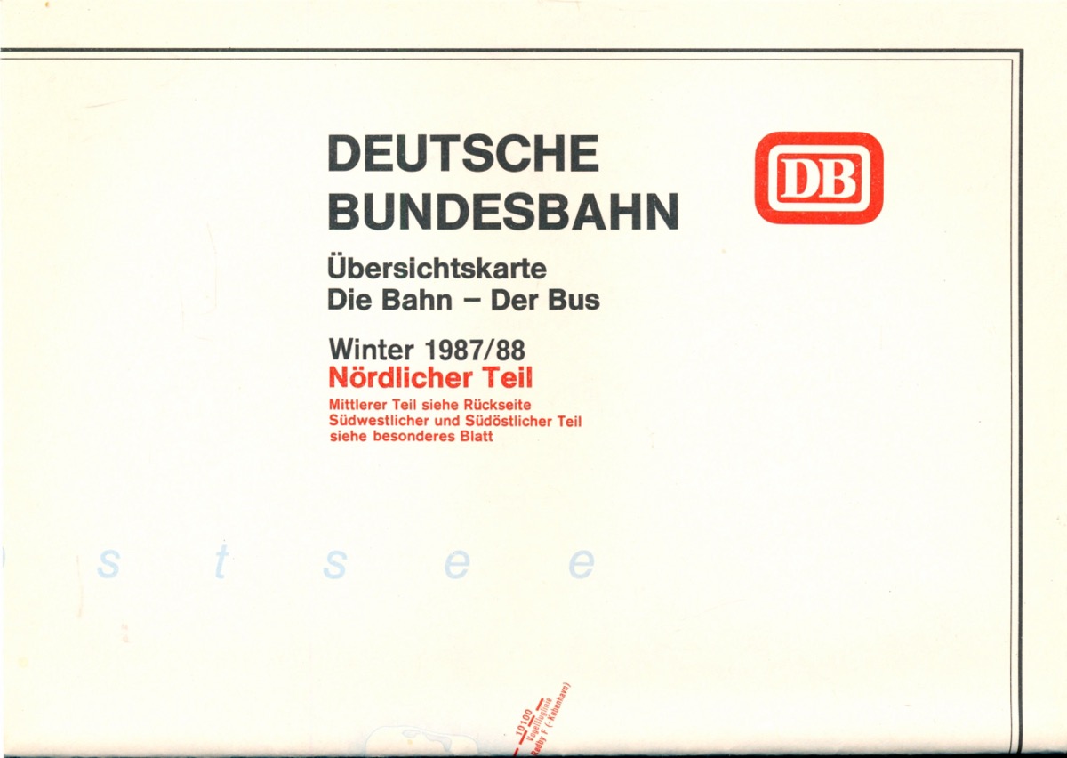 Deutsche Bundesbahn (Hrg.)  Übersichtskarte Die Bahn - Der Bus Winter 1987/88. Nördlicher & Mittlerer Teil (Beilage zum Kursbuch). 