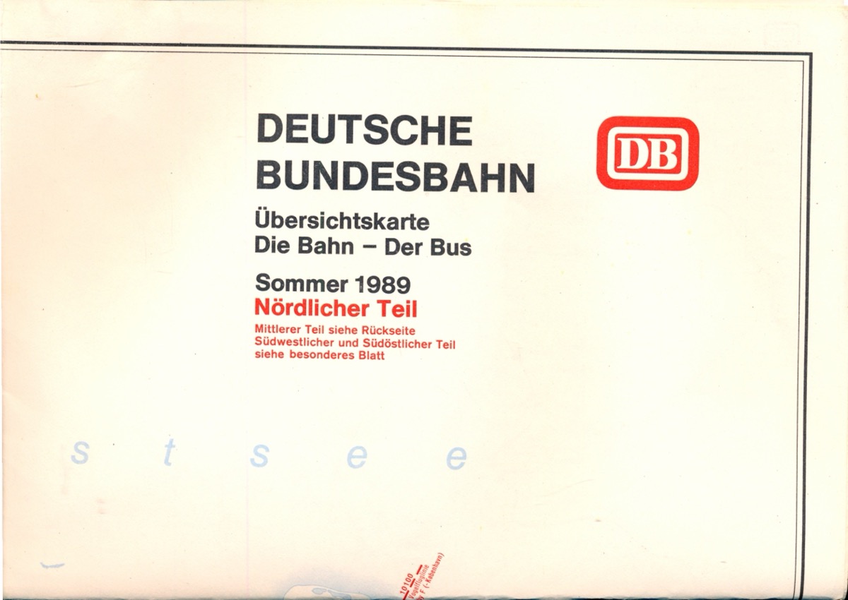 Deutsche Bundesbahn (Hrg.)  Übersichtskarte Die Bahn - Der Bus Sommer 1989. Nördlicher & Mittlerer Teil (Beilage zum Kursbuch). 