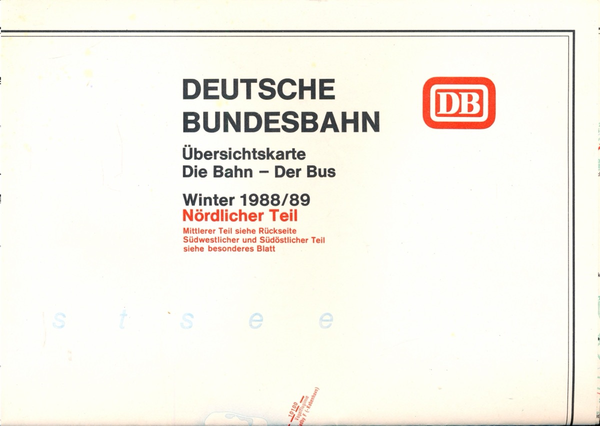 Deutsche Bundesbahn (Hrg.)  Übersichtskarte Die Bahn - Der Bus Winter 1988/89. Nördlicher & Mittlerer Teil (Beilage zum Kursbuch). 