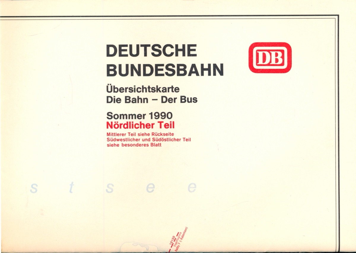 Deutsche Bundesbahn (Hrg.)  Übersichtskarte Die Bahn - Der Bus Sommer 1990. Nördlicher & Mittlerer Teil (Beilage zum Kursbuch). 