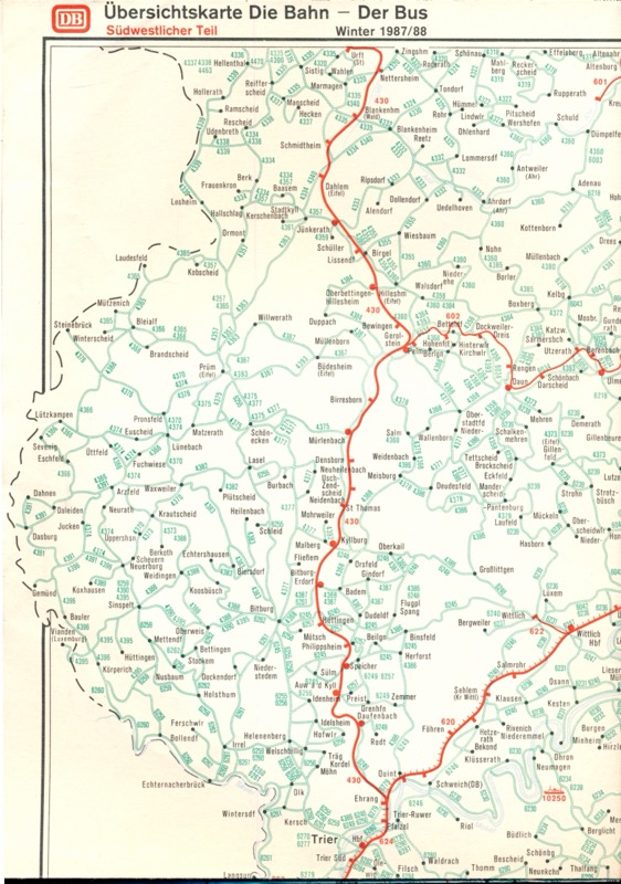 Deutsche Bundesbahn (Hrg.)  Übersichtskarte Die Bahn - Winter 1987/88. Südöstlicher & Südwestlicher Teil (Beilage zum Kursbuch). 