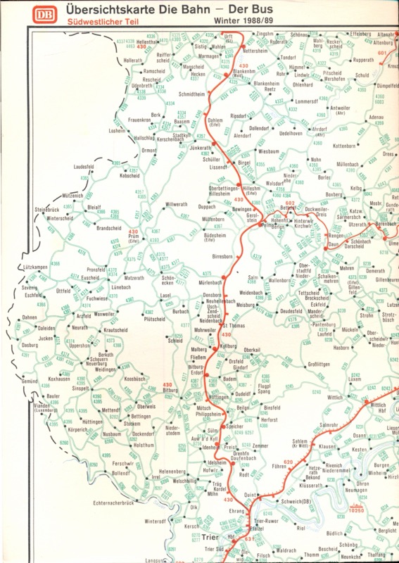 Deutsche Bundesbahn (Hrg.)  Übersichtskarte Die Bahn - Winter 1988/89. Südöstlicher & Südwestlicher Teil (Beilage zum Kursbuch). 