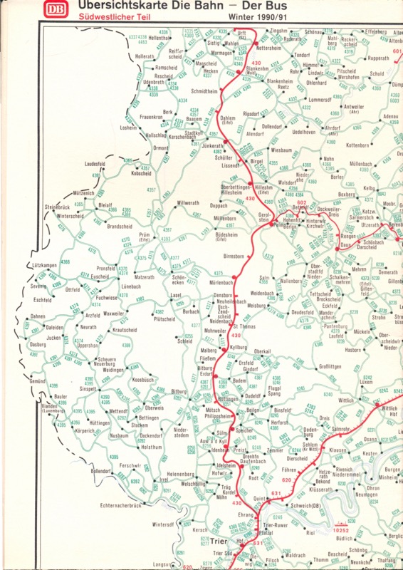 Deutsche Bundesbahn (Hrg.)  Übersichtskarte Die Bahn - Winter 1990/91. Südöstlicher & Südwestlicher Teil (Beilage zum Kursbuch). 