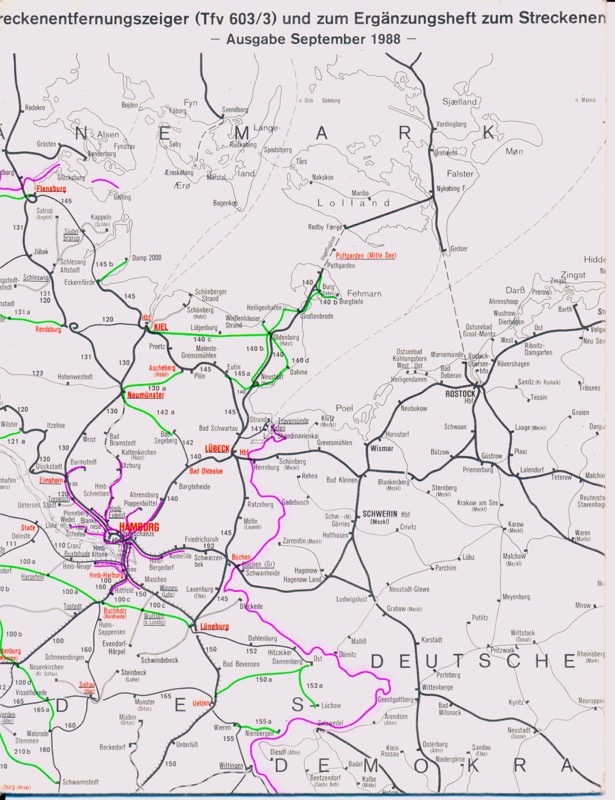 Deutsche Bundesbahn (Hrg.)  Übersichtskarte zum Streckenentfernungsanzeiger (Tfv 603/3) und zum Ergänzungsheft zum Streckenentfernungsanzeiger (Tfv 603/4) September Mai 1988. 
