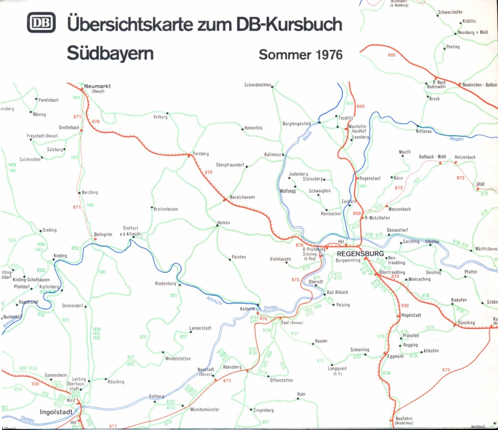 Deutsche Bundesbahn (Hrg.)  Übersichtskarte zum DB-Kursbuch Südbayern Sommer 1976. 