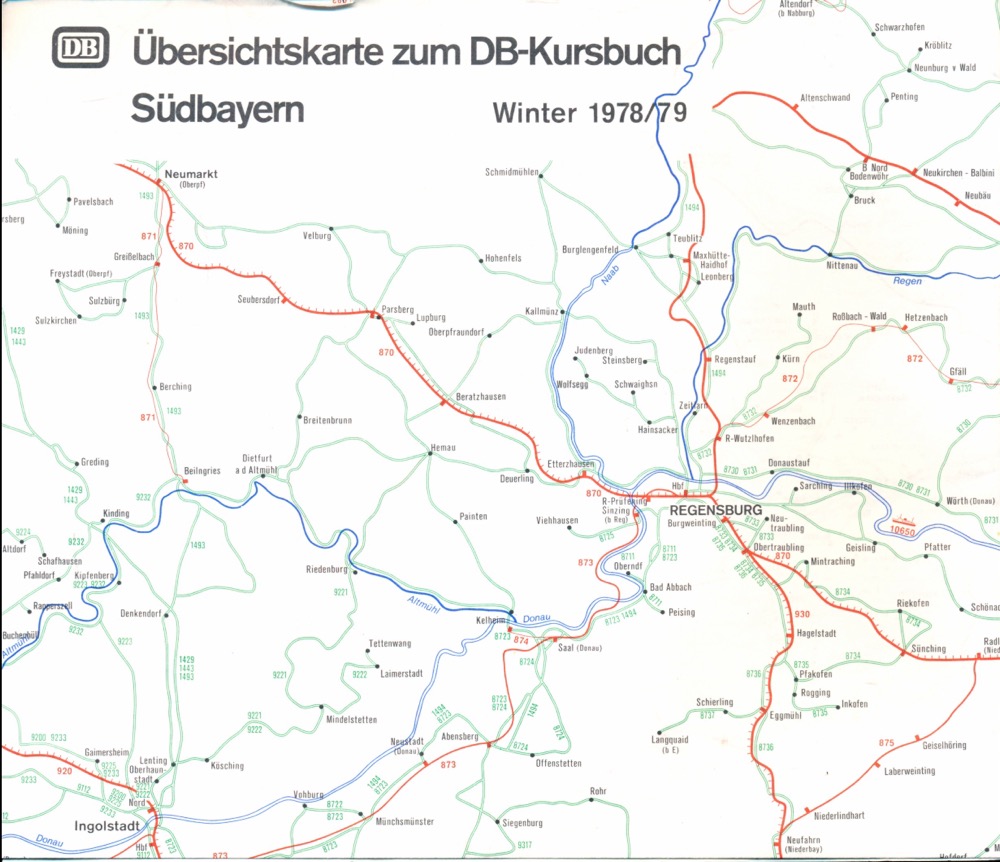 Deutsche Bundesbahn (Hrg.)  Übersichtskarte zum DB-Kursbuch Südbayern Winter 1978/79. 