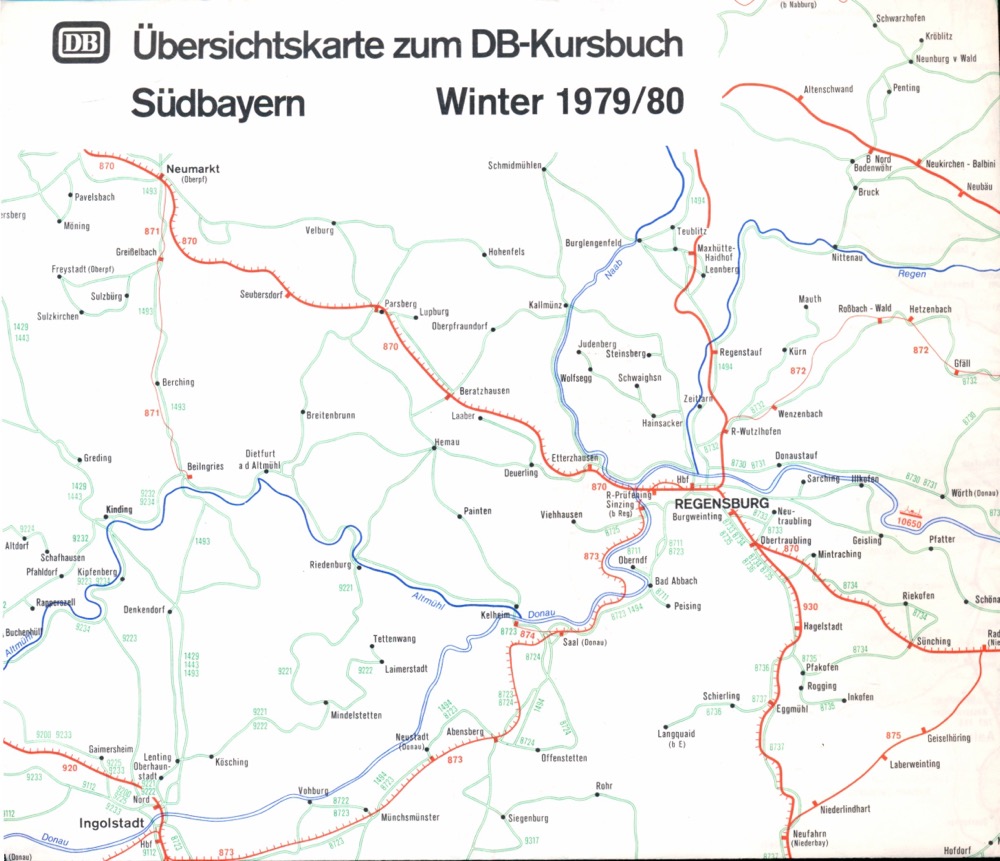 Deutsche Bundesbahn (Hrg.)  Übersichtskarte zum DB-Kursbuch Südbayern Winter 1979/80. 