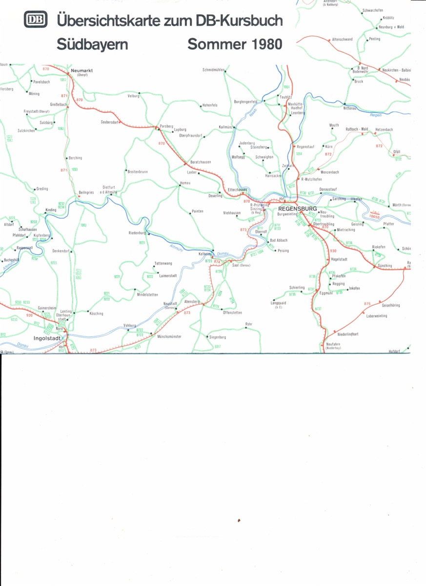 Deutsche Bundesbahn (Hrg.)  Übersichtskarte zum DB-Kursbuch Südbayern Sommer 1980. 