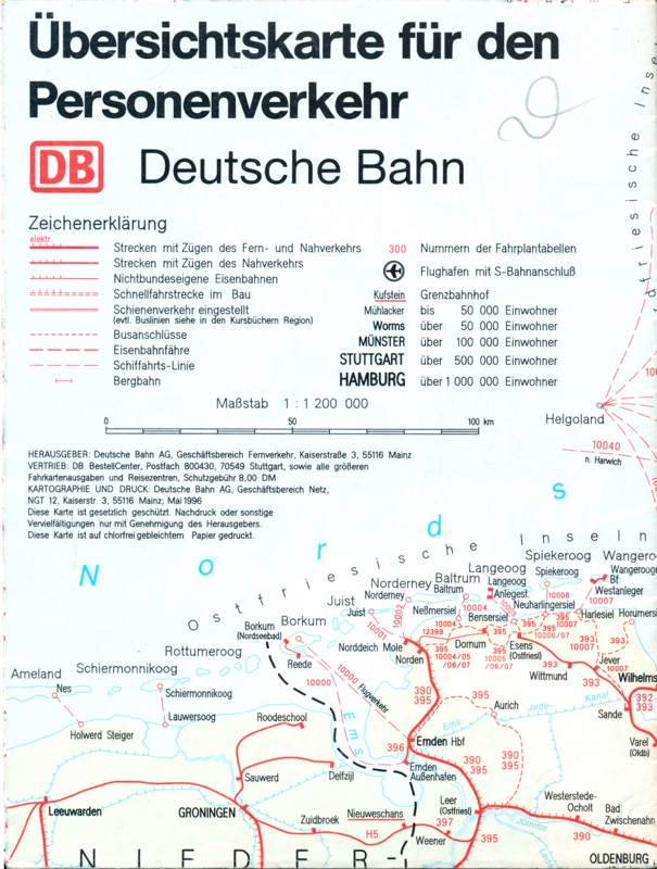 Deutsche Bundesbahn (Hrg.)  Übersichtskarte zum Regionalkursbuch Südbayern Ausgabe Sommer 1993/94. 