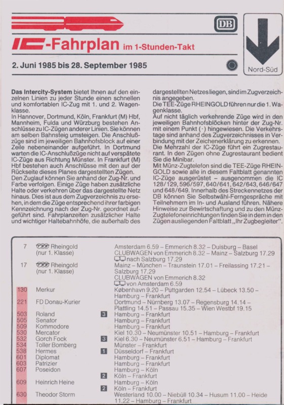 Deutsche Bundesbahn (Hrg.)  ICE-Fahrplan im 1-Stunden-Takt 2. Juni 1985 bis 28. September 1985. 