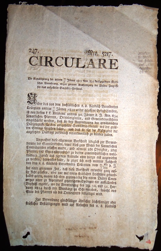 St. Pölten - Roschmann, Anton Leopold von  Circulare Nro. 5217/247 vom 5.6.1815 betr. die "Verordnung wegen genauer Ausfertigung der Diäten Zeugnisse für das aufgestellte Sanitäts-Personal" 