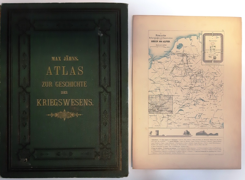 Jähns, Max  Atlas zur Geschichte des Kriegswesens von der Urzeit bis zum Ende des 16. Jahrhunderts. Bewaffnung, Marsch- u. Kampfesweise, Befestigung, Belagerung, Seewesen. 100 lose lithographierte Tafeln in Flügelmappe. 