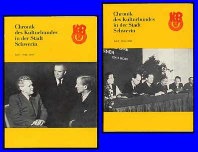 Krieck, Manfred und Helga Leopoldi:  Chronik des Kulturbundes in der Stadt Schwerin. Ein Beitrag zur Geschichte des Kulturbundes in Mecklenburg. Teil 1. 1945 - 1947 u. Teil 2. 1948 - 1952 (2 Bd.) Veröffentlichungen des Stadtarchivs Schwerin. Neue Folge. H. 22 u. 23 