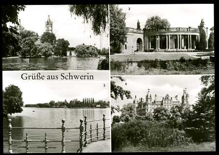   Grüße aus Schwerin. Blick zum Schloß, Orangerie im Burggarten, Am Schweriner see, Schloß. 
