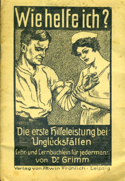 Grimm-Köslin, Hermann:  Wie helfe ich? Die erste Hilfeleistung bei Unglücksfällen. Lehr- und Lernbüchlein für jederman,n insonderheit für Sanitätsmannschaften, Feuerwehrmänner, Heeresangehörige, Polizei-, Eisenbahn-, Post- und Telegraphenbeamte, Turner und Sportler, Jugendgruppen, Schulen, Lehrkurse usw. In Frage und Antwort. 