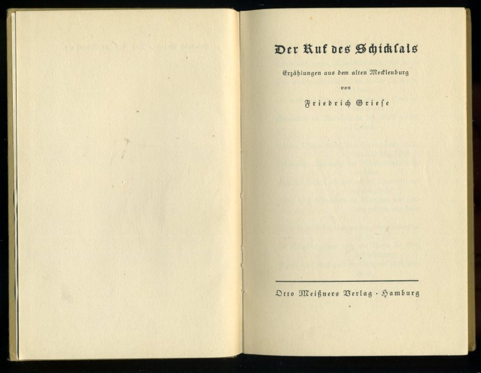 Griese, Friedrich:  Der Ruf des Schicksals. Erzählungen aus dem alten Mecklenburg. 