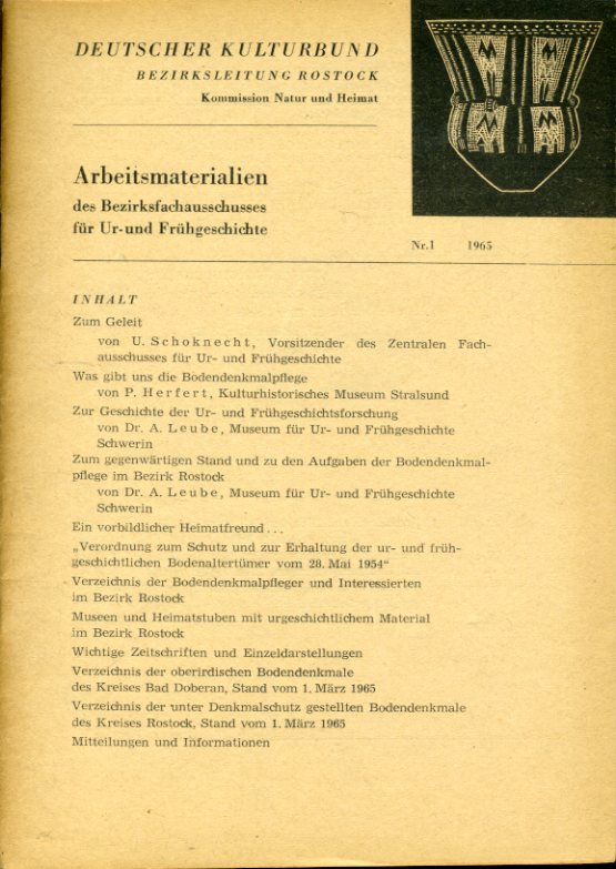   Arbeitsmaterialien des Bezirksfachausschusses für Ur- und Frühgeschichte Nr. 1 . 1965. 