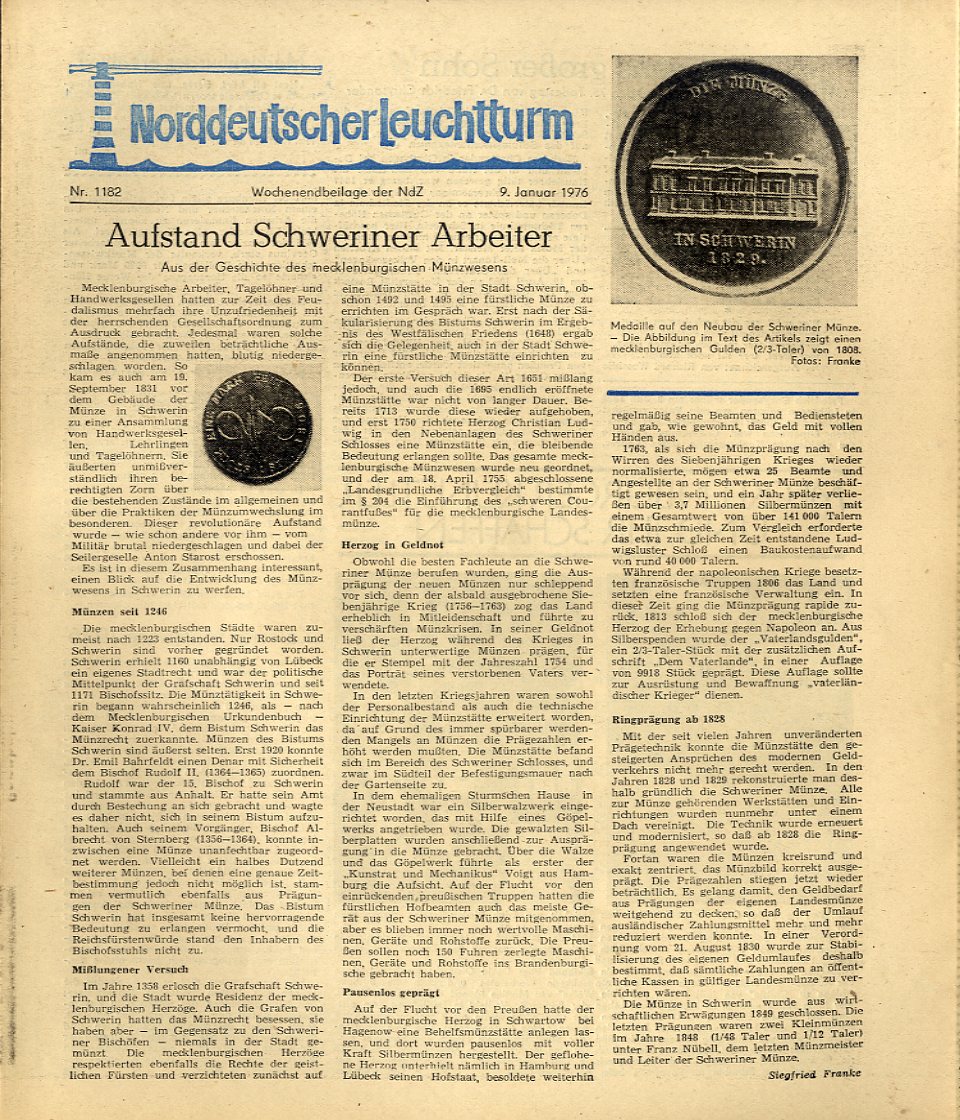   Norddeutscher Leuchtturm 1182. Wochenendbeilage der Norddeutschen Zeitung vom 09.01.1976. 