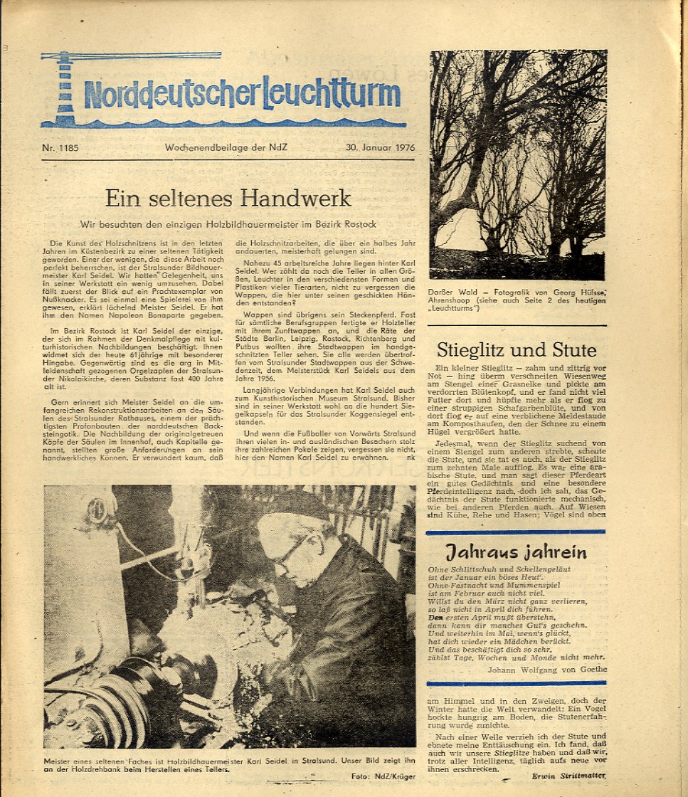   Norddeutscher Leuchtturm 1185. Wochenendbeilage der Norddeutschen Zeitung vom 30.01.1976. 